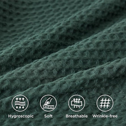 Bedsure Cotton Duvet Cover Queen - 100% Cotton Waffle Weave Forest Green Duvet Cover Queen Size, GentleSoft™ and Breathable Bedding Set for All Season, 3 Pieces, 90"x90"