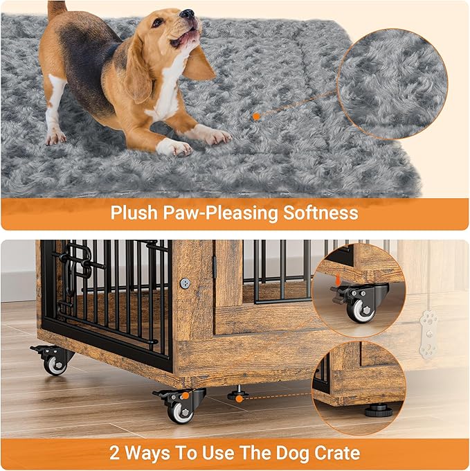 Lulive Dog Crate Furniture Set of 2, Dog Kennel Indoor Double Doors Wooden Dog Cage, 32'' Heavy Duty Dog Crate with Cushion & Wheels, End Table Pet House Chew-Resistant Up to 45 lb, Rustic Brown-Mewly Pet