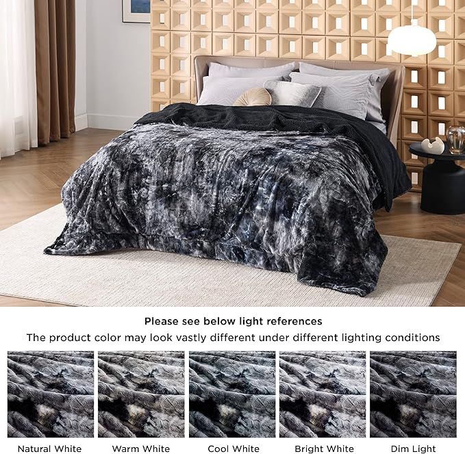 Bedsure GentleSoft Sherpa Fluffy Blanket King Size for Bed - Fleece Warm and Cozy for Women Gift, Plush & Fuzzy Faux Christmas Fur Blanket for Couch, Sofa Decor, Tie Dye Design, Black, 108x90 Inches
