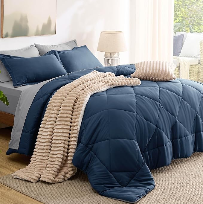 Bedsure King Size Comforter Set - 7 Pieces Reversible Navy Bedding, King Size Bed Set for All Seasons, Bed in a Bag with Down Alternative Comforter, Sheets, Pillowcases & Shams