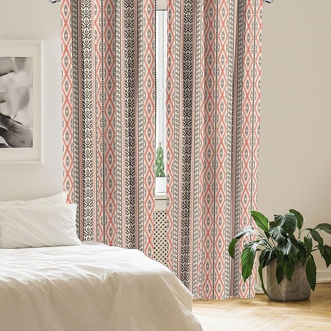 Ambesonne Southwestern Window Curtains, Traditional Vertical Borders Inspired by Prehistoric Art Ikat Style, Lightweight Decorative Panels Set of 2 with Rod Pocket, Pair of - 28" x 63", Brown Coral