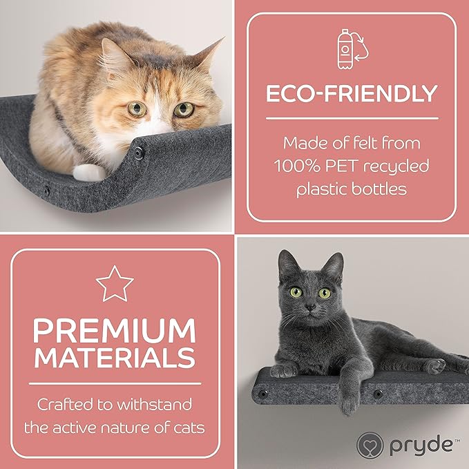 Wall Mounted Cat Steps Short Shelves (2) by Pryde Pets - Stairs for Walkways, 100% Sustainable PET Felt Feline Enrichment Climber Furniture for Indoor Cats, Modern Climbing Gym Design (Charcoal)-Mewly Pet