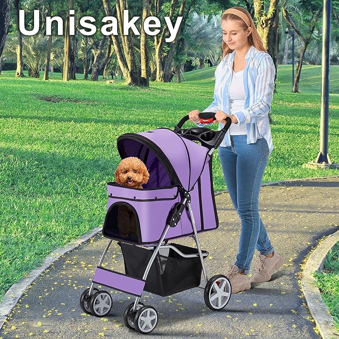 4 Wheels Pet Stroller for Small Medium Dogs Cats 10-33 lbs, Foldable Dog and Cat Stroller with Cup Holder & Storage Basket & Breathable Mesh, Pet Strolling Cart for All-Season, Purple-Mewly Pet