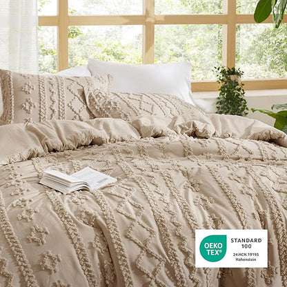 Bedsure Tufted Boho Comforter Set Oversized King - Khaki Boho Bed Set, GentleSoft™ 3 Pieces Farmhouse Shabby Chic Embroidery Bedding, Gifts for Woman, Soft Jacquard Comforter for All Seasons