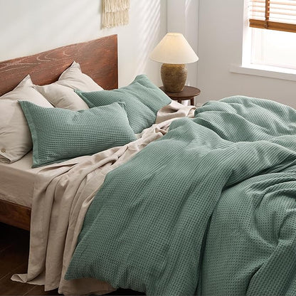 Bedsure Cotton Duvet Cover King - 100% Cotton Waffle Weave Green Duvet Cover King Size, GentleSoft™ and Breathable Bedding for All Season, 3 Pieces, 104"x90"
