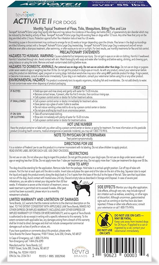 TevraPet Activate II Flea and Tick Prevention for Dogs | 4 Count | Extra Large Dogs 55+ lbs | Topical Drops | 4 Months Flea Treatment-Mewly Pet