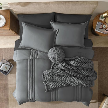 Monbix California King Size Comforter Set - 7 Pieces Bed in a Bag California King, Grey Bedding Sets with Comforter, All Seasons Down Alternative Comforter Bed Set with Sheets, Pillowcases & Shams