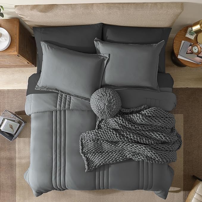 Monbix Queen Comforter Set - 7 Pieces Grey Bed in a Bag Queen Bedding Sets with Comforters, All Seasons Down Alternative Comforter Bed Set with Sheets,Pillowcases & Shams