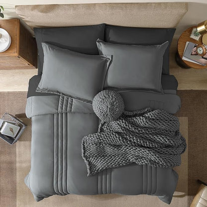 Monbix Queen Comforter Set - 7 Pieces Grey Bed in a Bag Queen Bedding Sets with Comforters, All Seasons Down Alternative Comforter Bed Set with Sheets,Pillowcases & Shams