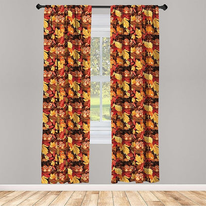 Ambesonne Fall Window Curtains Pack of 2, Happy Autumnal Colors with Birds in Nests Cartoon Illustration Print, Lightweight Set with Rod Pocket, 4 Panels of - 28" x 84", Cinnamon Amber and Orange
