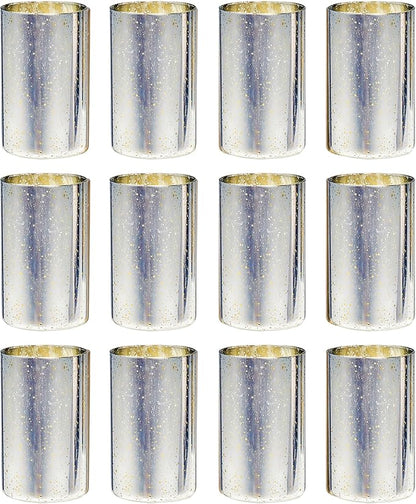 Silver Cylinder Vases for Centerpieces, Modern Glass Vase Set of 12 Decorative Hurricane Candle Holder for Pillar Candle Holders Flowers for Table Centerpiece, Sliver