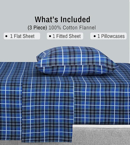 RUVANTI Flannel Sheets Twin Size - 100% Cotton Double Brushed Twin Sheets Set, Deep Pockets 16 Inches, All Seasons Breathable & Extra Soft Bed Sheets, Warm & Cozy, 3 Piece, Blue Plaid