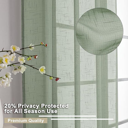 Aiyufeng Kirei Long Sage Green Sheer Curtains 96 Inch - Linen Look Privacy Sheer Curtains Window Treatment Drapes Farmhouse Decor for Bedroom Living Room Sliding Glass Door, 40Wx96L, 2 Panels