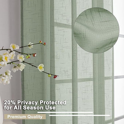 Aiyufeng Sheer Sage Green Kitchen Curtains 24 inch Length 2 PCS, Semi Sheer Linen Curtains for Bedroom, Faux Linen Textured Burlap Short Tier Farmhouse Cafe Curtains for Small Windows, 30Wx24L inch
