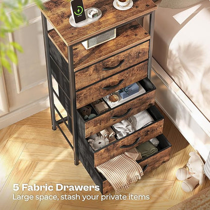 Huuger 5 Drawers Dresser with Charging Station, Set of 2, Dresser for Bedroom, Tall Night Stand, Chest of Drawers with Open Shelf, Bedside Table Nightstand, Fabric, Rustic Brown