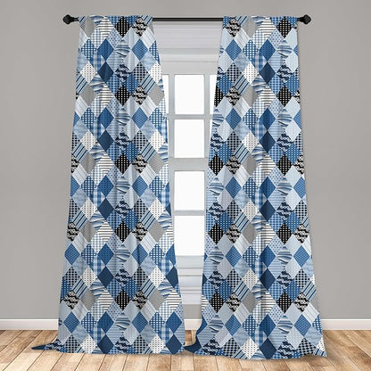 Ambesonne Geometric Window Curtains, Geometrical Diamond Shaped Lines with Various Nostalgic Fashioned Old Pattern, Decorative Panels Set of 2 with Rod Pocket, Pair of - 28" x 95", Black Blue