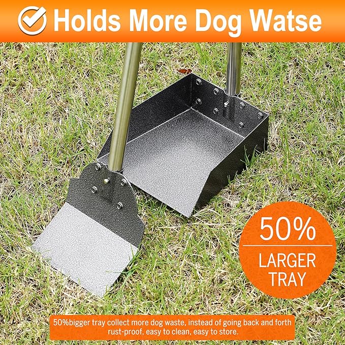 Dog Pooper Scooper, Adjustable Handle Poop Scooper with Tray,Rake and Spade Set of 3, Steel Stainless Poop Scoop for Medium Large Dogs and Pet Waste on Grass, Dirt and Gravel (Large Size)-Mewly Pet