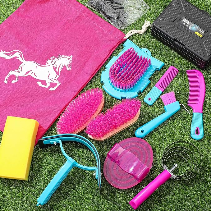Abbylike 12 Pieces Horse Grooming Kit Racing Festival Tack Room Supplies Horse Brush Sets Equine Care Cleaning Kit Shedding Grooming Massaging Tools(Rose Red)-Mewly Pet