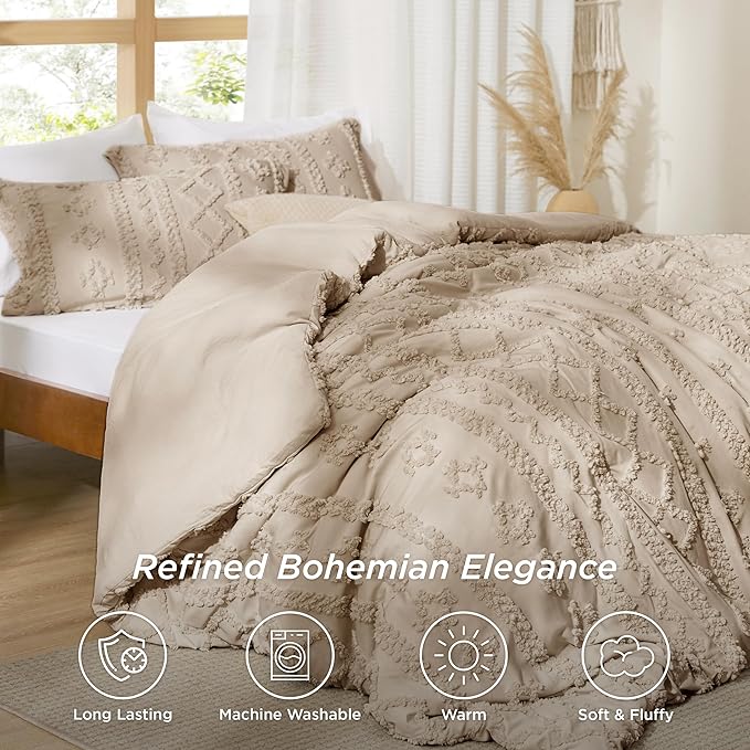 Bedsure Tufted Boho Comforter Set Full Size - Khaki Boho Bed Set, GentleSoft™ 3 Pieces Farmhouse Shabby Chic Embroidery Bedding, Gifts for Woman, Soft Jacquard Full Comforter for All Seasons