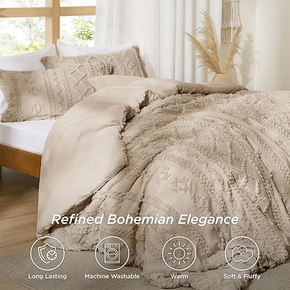 Bedsure Tufted Boho Comforter Set Twin Size - Khaki Boho Bed Set, GentleSoft™ 2 Pieces Farmhouse Shabby Chic Embroidery Bedding, Gifts for Woman, Soft Jacquard Twin Comforter for All Seasons