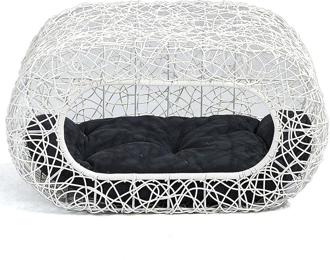 D+GARDEN Fun Stackable White Cat Condo for Indoor Cats - Interactive Play Rattan Modern Cat House for Indoor Cats Kitty, Pet Friendly Top/Side House Entry, Cat Bed Enclosed-Mewly Pet