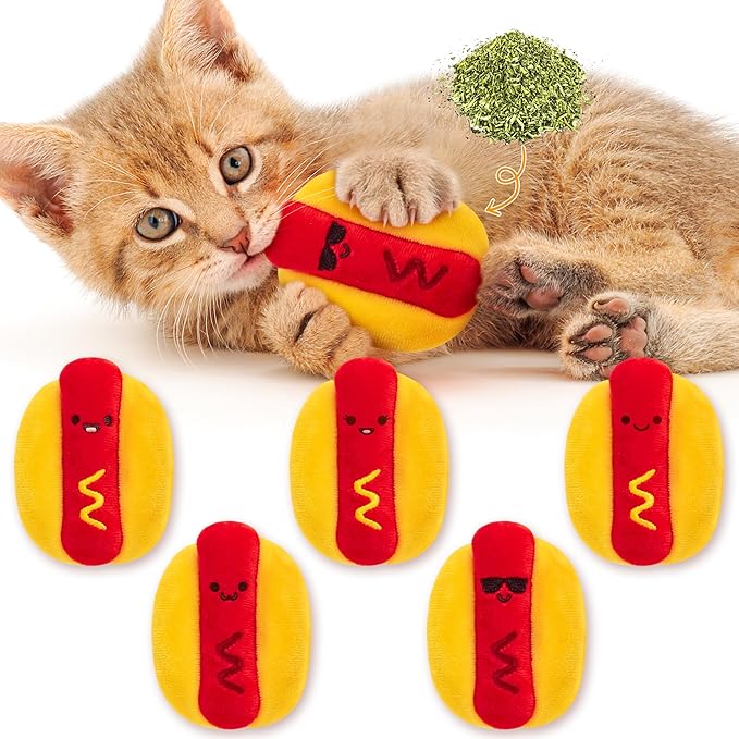 L1rabe Hot Dog Catnip Stuffed Toys - 5Pcs Fall Funny Hot Dog Cat Toys Indoor Yellow Interactive Pet Supplies, Kitten Chew Bite Tools Cat Lovers Gifts, Organic Eco-friendly Birthday Present for Kittens-Mewly Pet