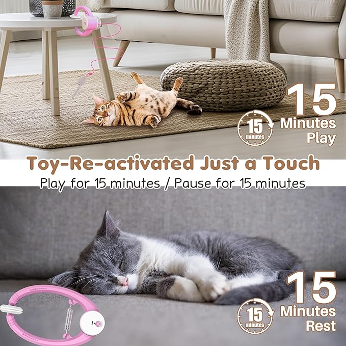 Interactive Cat Toys Rechargeable, Feather Toy for Indoor Cat, Hanging Retractable Teaser Toy, Automatic Kitten Play Chase Exercise Toys with Three Plush Mouse, USB Powered (Pink)-Mewly Pet