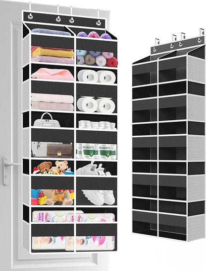 Over The Door Organizer Multi Pocket,5 Tier Large Hanging Shelf for Storage Kids Toys, Diapers, Clothes,Yarn,Heavy Duty Behind Door Storage for Bedroom Bathoom Nursery Closet Pantry,Black