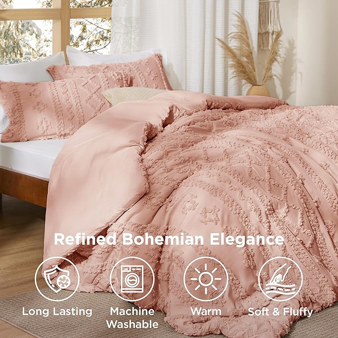 Bedsure Tufted Boho Comforter Set King Size - Pink Boho Bed Set, GentleSoft™ 3 Pieces Farmhouse Shabby Chic Embroidery Bedding, Gifts for Woman, Soft Jacquard King Comforter for All Seasons