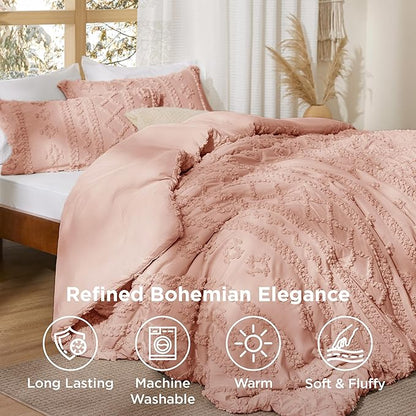 Bedsure Tufted Boho Comforter Set King Size - Pink Boho Bed Set, GentleSoft™ 3 Pieces Farmhouse Shabby Chic Embroidery Bedding, Gifts for Woman, Soft Jacquard King Comforter for All Seasons