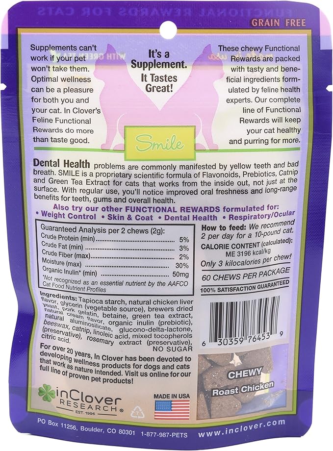 Smile Daily Dental Health Soft Chews for Cats, Support Healthy Teeth and Fresh Tongue with Catnip and Green Tea, Prebiotics, and Chlorophyll for Fresh Breath-Mewly Pet