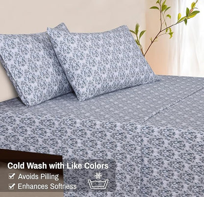 RUVANTI Flannel Sheets King Size - 100% Cotton Brushed King Size Sheets Set - Deep Pockets 16 Inches Bed Sheets - All Seasons Breathable & Extra Soft - Warm & Cozy, 4 Piece, Damask