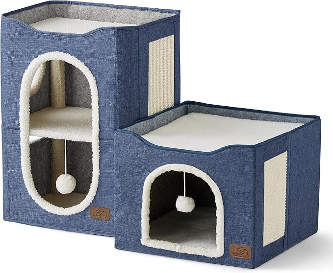 Bedsure 2 Story Cat House - Cat Condos for Indoor Cats with Scratch Pad and Fluffy Ball Hanging, Small Pet Cave Furniture Hideaway for Multi Pets, 18x14x23 inches, Blue-Mewly Pet