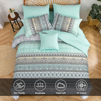 Cottolester Boho Comforter Set Queen Size,8 Piece Bed in a Bag Sage Green Paisley Comforter and Sheet Set,Striped Bedding Set Soft Microfiber Complete Bedding Set