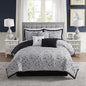 King Size Comforter Set - Soft & Breathable 7-Piece Bedding Collection - 1 Comforter, 2 Pillow Shams, 1 Bed Skirt & 3 Decorative Accent Pillows - Premium Quality, King, Black/White Damask