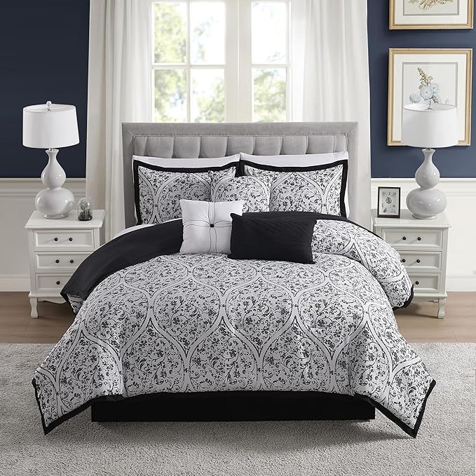 Queen Comforter Set - Complete 7-Piece Bedding Collection - 1 Comforter, 2 Pillow Shams, 1 Bed Skirt & 3 Decorative Accent Pillows - Premium Quality, Queen, Black/White Damask