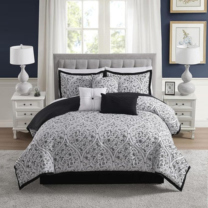 Queen Comforter Set - Complete 7-Piece Bedding Collection - 1 Comforter, 2 Pillow Shams, 1 Bed Skirt & 3 Decorative Accent Pillows - Premium Quality, Queen, Black/White Damask