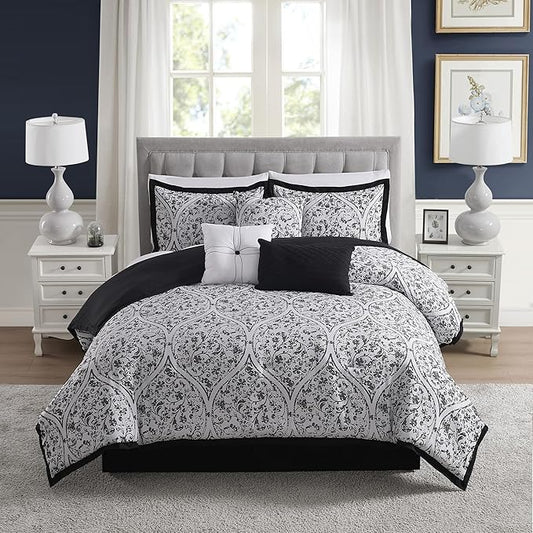 Queen Comforter Set - Complete 7-Piece Bedding Collection - 1 Comforter, 2 Pillow Shams, 1 Bed Skirt & 3 Decorative Accent Pillows - Premium Quality, Queen, Black/White Damask