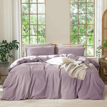 MooMee Bedding Duvet Cover Set 100% Washed Cotton Linen Like Textured Breathable Durable Soft Comfy (Solid Taro Purple, Alaska King 132"x120")