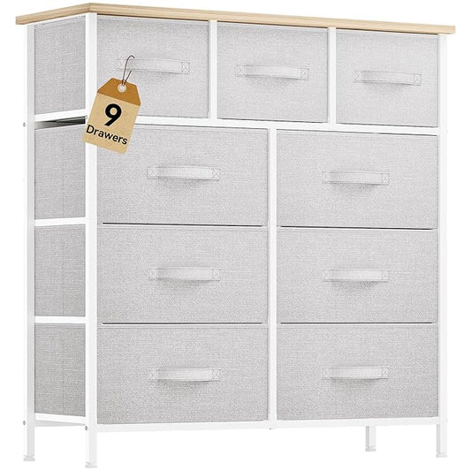 DWVO 9 Drawer Dresser, Light Gray Fabric Storage Tower, Tall Organizer Unit for Room, Living Room, Hallway, Closets - Sturdy Steel Frame, Wooden Top & Easy Pull Bins