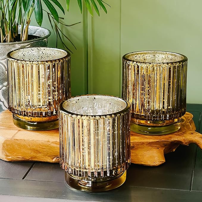 Kate Aspen Vintage Fluted Gold Glass Votive Candle Holders and Tea Lights Candles - Gold Candle Holders Set of 6 for Boho Home Decor, Kitchen Shelf and Bookshelf Decor, Rustic Table Decorations