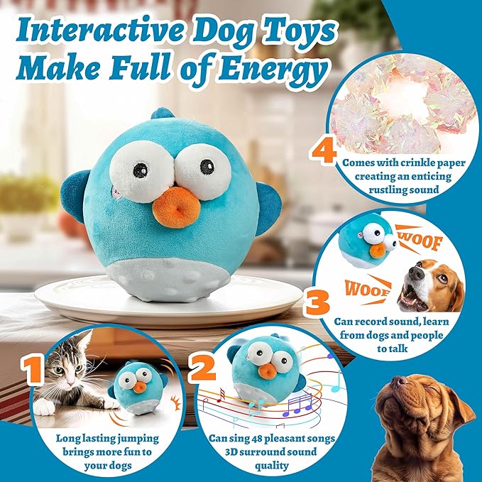 Dog Toys,Rechargeable Crinkle Chew Interactive Squeaky Toy with Jumping Music Moving Ball for Small Medium Large Breed Puppy Toys to Keep Pets Busy (Puffer)-Mewly Pet