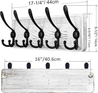 SKOLOO Rustic Wall Mounted Coat Rack: 16" Hole to Hole, Pine Real Wood Plank Wall Coat Rack with 5 Triple Hooks, Farmhouse Coat Hanger Wall Mount for Hanging Backpack Jacket Coat Hat