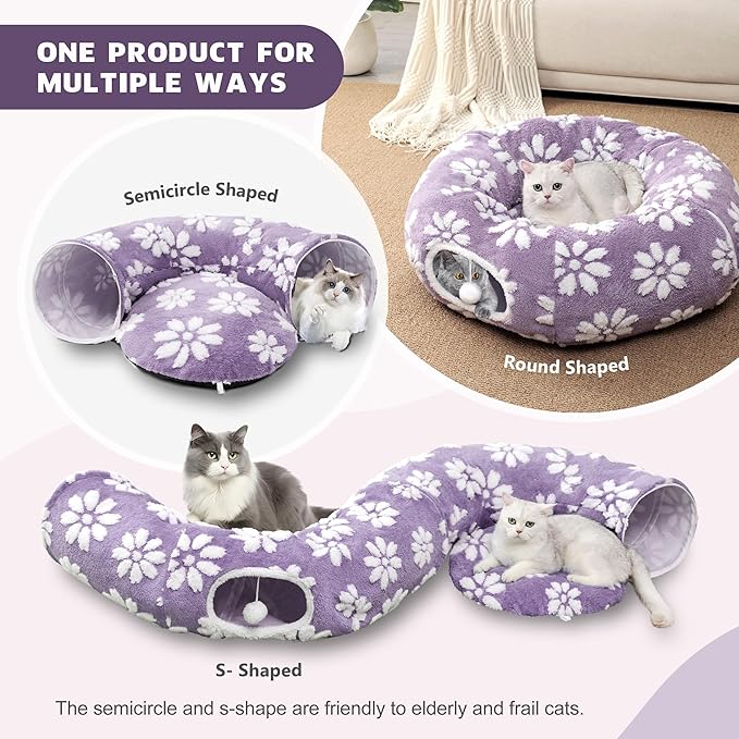 Cat Tunnel for Indoor Cats, Cute Peekaboo Cat Cave with Dangling Balls, Pet Donut Tunnel Bed with Circle Mat for Puppy Kitten Rabbit, Purple-Mewly Pet