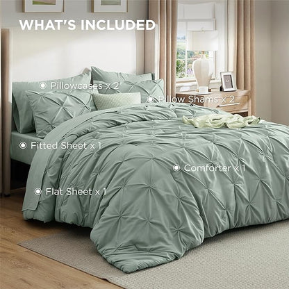 Bedsure Oversized Queen Comforter Set Sage Green - Bed in a Bag Bedding Set 7 Pieces, GentleSoft™ Pintuck Bed Set Gift for Family, Pinch Pleat All Season Comforter with Sheets, Pillowcases & Shams