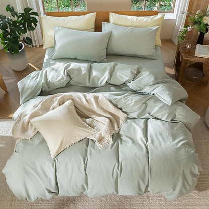 MooMee Bedding Duvet Cover Set 100% Washed Cotton Linen Like Textured Breathable Durable Soft Comfy (Heathered Sage Green, Cal King 104"x98")