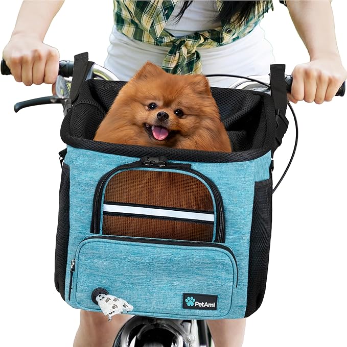 PetAmi Dog Bike Basket, Soft-Sided Ventilated Dog Bike Carrier Backpack, Pet Bicycle Basket for Bike Handlebar, Small Medium Puppy Cat Kitten Car Booster Seat with Safety Strap, Max 18 lbs, Blue-Mewly Pet