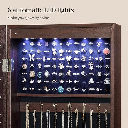 SONGMICS 6 LEDs Mirror Jewelry Cabinet, 47.2-Inch Tall Lockable Wall or Door Mounted Jewelry Armoire Organizer with Mirror, 2 Drawers, Christmas Gift, 3.9 x 14.6 x 47.2 Inches, Brown