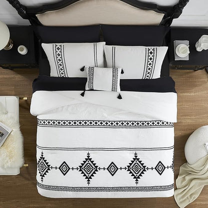 MaiRêve Embroidery Boho Comforter Sets Full Size - 7 Piece, Farmhouse Western White Black Comforter Set, All Season Bed in A Bag Full Size with Sheets, Pillowcases & Shams