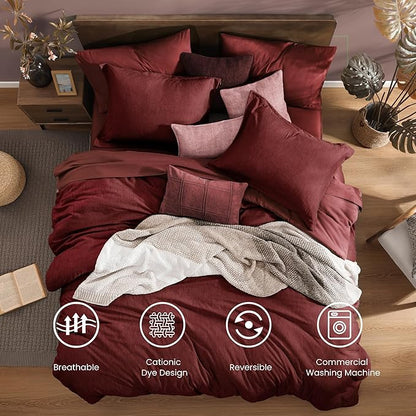 Monbix Full Size Comforter Sets Red, Cationic Dyeing Reversible Bedding Set 7 Pieces, All Season Bed in a Bag with Sheets, Pillowcases & Shams